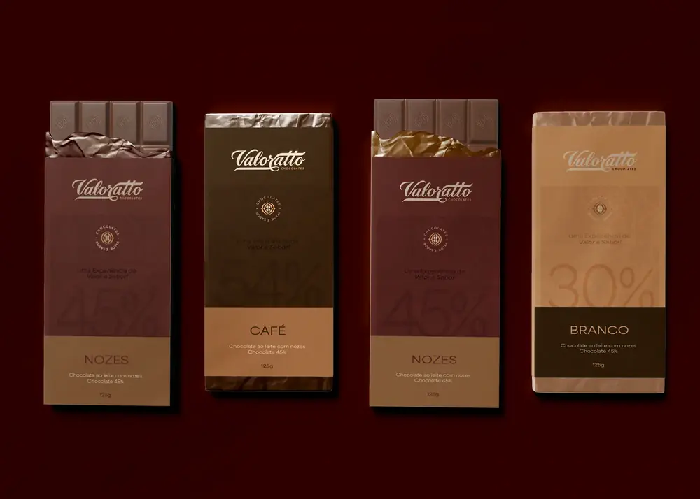 Barras de chocolate Valoratto nos sabores nozes, café e branco
