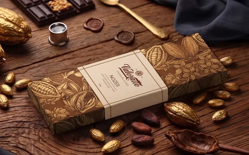 Caixa de chocolate Valoratto sabor nozes sobre mesa de madeira com cacau dourado