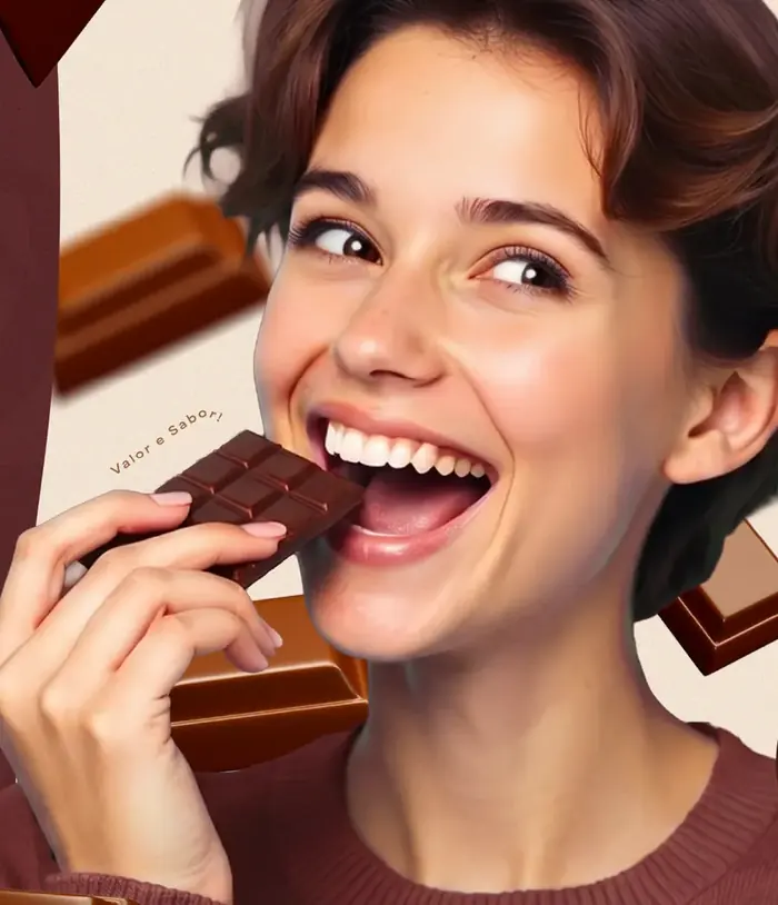 Mulher sorrindo ao morder um chocolate Valoratto